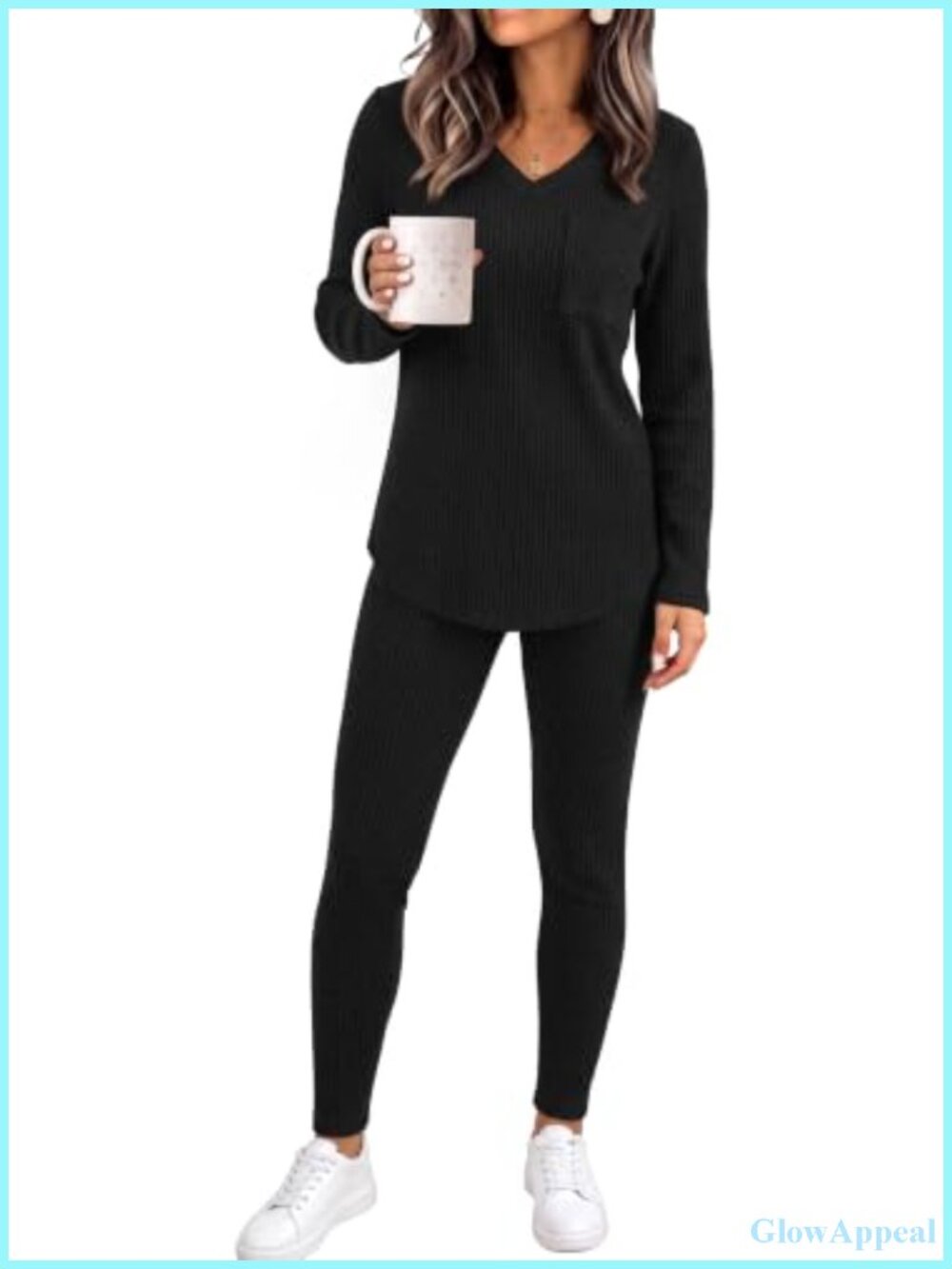 OFEEFAN Women 2 Piece Lounge Set Long Sleeve V-Neck Pajama Outfit